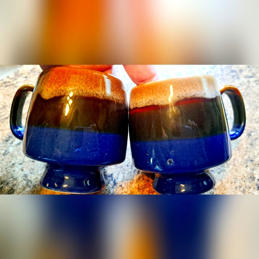 Vtg Retro Drip Glaze High Gloss Stoneware Coffee Tea Cup Mug Blue Brown Cream 2